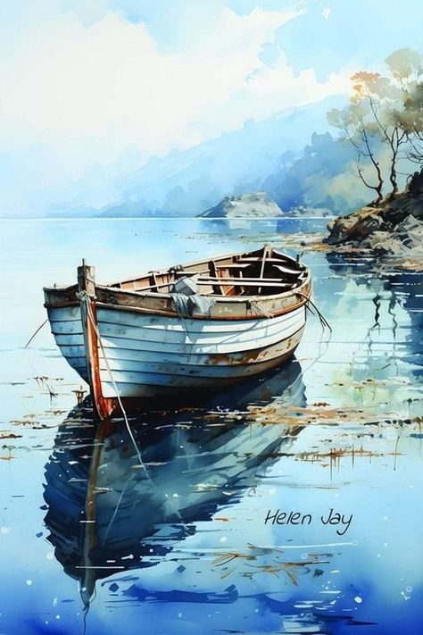 Colourful Boats, Landscape Photography Art, Ocean Art Painting, Watercolor Boat, Vintage Art Paintings, Watercolor Scenery, Sailing Art, Adventure Art, Watercolour Inspiration