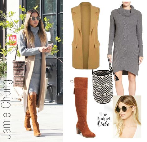 Recreate Jamie Chung's grey sweaterdress and camel vest look for less. Gray Sweater Dress Outfit, Winter Outfits Casual Comfy, Grey Dress Outfit, Dress With Vest, How To Wear White Jeans, Winter Work Wear, Knit Sweater Outfit, Jamie Chung, Sweater Dress Outfit