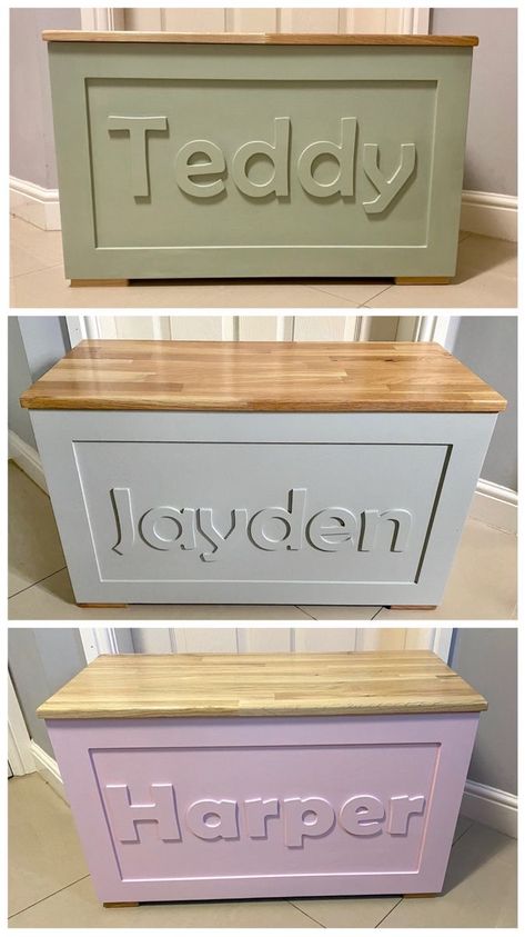 Personalised Toy Box Ideas, Toy Chest With Bookshelf, Small Toy Box Ideas, Toy Box With Seat, Stenciled Toy Chest, Toy Box Paint Ideas, Wood Toy Box Ideas, Diy Kids Toy Box Ideas, Toybox Diy Wooden