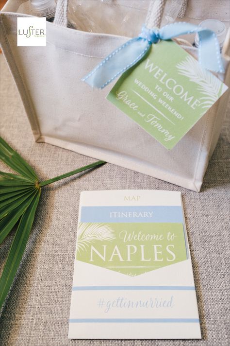 These fabulous wedding welcome bags were inspired by the beauty of Naples, Florida!  Who wouldn't want to get one of these?? Custom designed itinerary and welcome bag goodies! Naples Wedding, Welcome Bag, Wedding Itinerary, Fabulous Wedding, Wedding Welcome Bags, Welcome Bags, Naples Florida, Florida Wedding, Wedding Welcome