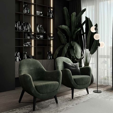 The adaptability of an achromatic color scheme is remarkable, suitable for any room in the house regardless of its size, creating a light, bright, and airy atmosphere. To enhance this concept, I opted for Kombu Green as an accent shade, which features gentle blue undertones with hints of dark olive. When combined with the timeless simplicity of an achromatic palette, it adds a calm, intriguing visual element to any space. Introducing layers of texture is equally crucial in making the space... Green Chairs, Design Room, Living Room Design Decor, Home Design Living Room, A Living Room, Home Room Design, Home Office Design, Kiev, Luxury Living Room