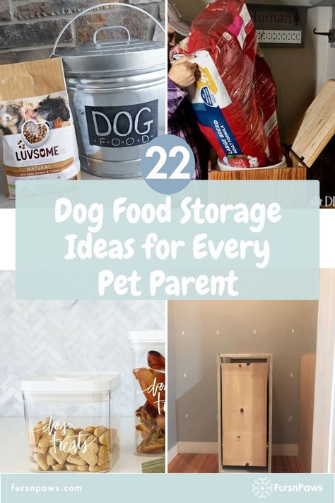 Dog food storage ideas Diy Pet Supply Storage, How To Hide Dog Food Storage, Diy Dog Storage Ideas, Storing Dog Food, Dog Eating Area In Kitchen, Dog Treat Organization, Dog Stuff Storage, Diy Dog Food Storage Container, Pet Storage Ideas