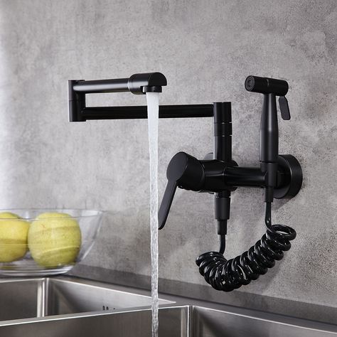 Retractable Wall, Black Kitchen Taps, Wall Mount Kitchen Faucet, Pot Filler Kitchen, Matte Black Kitchen, Kitchen Faucet With Sprayer, Wall Mounted Taps, Black Kitchen Faucets, Concrete Kitchen