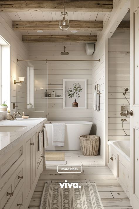 ♥ Dreaming of a cozy farmhouse bathroom retreat? 🌿 Step into this charming modern farmhouse bathroom with rustic accents and boho vibes. Get inspired with farmhouse bathroom ideas for your own remodel, from farmhouse decor to a stylish vanity. ✨🚿 #farmhousebathroom #bathroomdesign #bathroomremodel Modern Farmhouse Style Bathroom, Natural Wood And White Bathroom, Farmhouse Jack And Jill Bathroom, Country Bathroom Ideas Farmhouse, Joanna Gaines Farmhouse Bathroom, Farmhouse Coastal Bathroom, Country Farmhouse Bathroom Ideas, Boho Farmhouse Bathroom Ideas, Farmhouse Ensuite