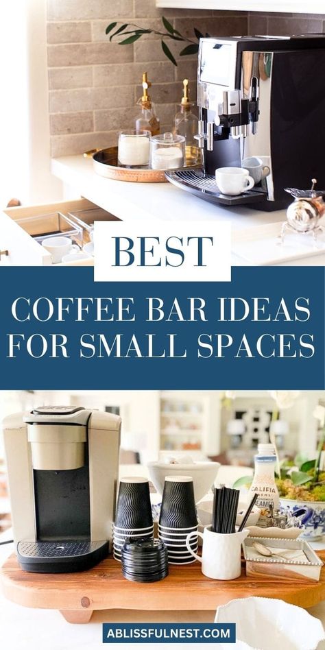 Don't let limited space cramp your coffee-loving style! Coffee bar ideas for small spaces can help you maximize your area while still enjoying your favorite brews. Think vertical storage, multi-functional furniture, and clever organization to make the most of every inch. #smallkitchen #coffeelover #coffeecornerideas Koffie Stations, Coffee Bar Station Ideas, Bar Station Ideas, Small Coffee Bar Ideas, Kitchen Counter Coffee Bar, Counter Coffee Bar, Small Coffee Bar, Corner Coffee Bar, Coffee Bar Ideas Kitchen Counter