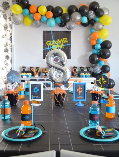 Laser Tag-inspired Kid + Guest Table from a Laser Tag Birthday Party on Kara's Party Ideas | KarasPartyIdeas.com (12) Laser Party, Paintball Birthday, Teenager Party, Paintball Party, Laser Tag Birthday Party, Laser Tag Party, Nerf Birthday Party, Laser Tag Birthday, Video Games Birthday Party