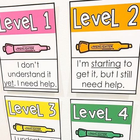 Libby Klinner • teacher + mom on Instagram: "Levels of understanding 💚💛🧡🩷 Save this idea for when you set up your classroom!  Not only does this give you some insight into your students’ progress but it helps them with the skill of self-reflection AND it is a reminder to put their name on their paper!  I put these markers next to the bin where my students turn in their papers. When they turn something in, they choose the color that describes them and ‘highlight’ their name with it!  This has been a great look into my students’ self-awareness and also how comfortable they feel with various skills we’re working on. Win-win!  Grab these posters for FREE in my TpT store! Let me know if you want the link! 🤍  Have you used levels of understanding in your classroom? ⬇️ . . . . . . #teacherfr Levels Of Understanding, Beginning Of Year, Teacher Friends, Teacher Mom, Teacher Hacks, Self Reflection, Elementary Teacher, Teacher Life, Self Awareness