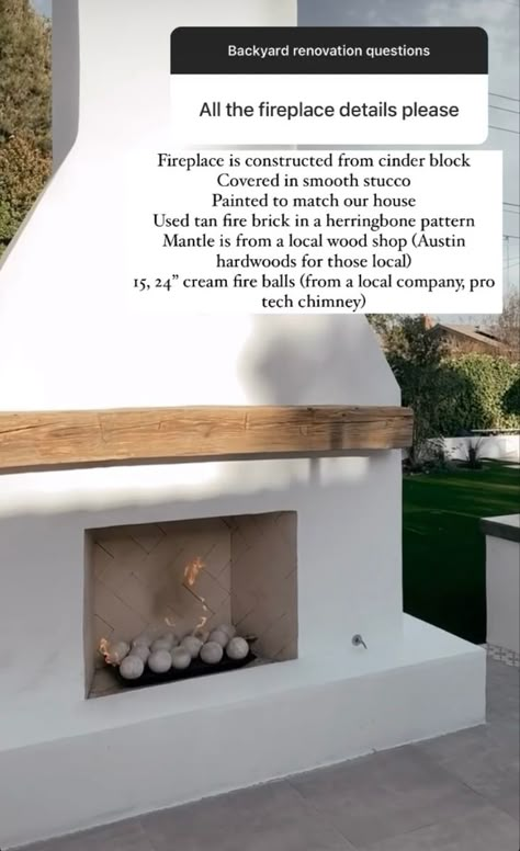 Stucco Exterior Fireplace, Wrap Patio Posts, European Outdoor Fireplace, White Stucco Outdoor Fireplace, Outdoor Fireplace Tile Ideas, Outdoor Plaster Fireplace, Backyard Brick Fireplace, Faux Outdoor Fireplace, Cinder Block Stucco