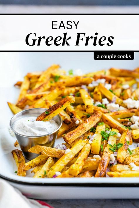 Side Dishes For Greek Chicken, Gyro Sides Dish, Side Dish For Gyros, Greek Buffet Ideas, Greek Fries Recipe, Greek Cucumber Sauce, Greek Fava, Crispy Veggies, Greek Fries