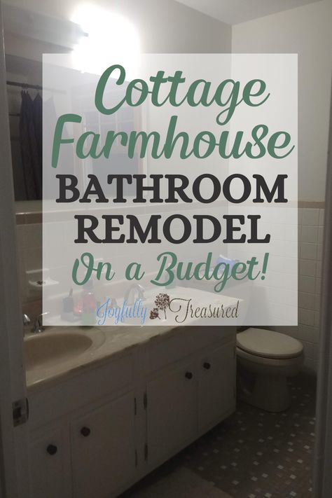 Cottage Farmhouse Chic Bathroom Remodel, Vintage Chic Bathroom This rundown 1960's bathroom makeover is a project we have been saving up for a couple years, knowing it would be more than we could DIY all on our own. I am so excited to complete this bathroom remodel as part of the One Room Challenge. Our plans for the bathroom makeover include replacing the tile with wainscoting, installing a wood farmhouse sink inspired by pottery barn, and replacing the light fixture with a vintage chandelier Cottage Bathroom Ideas Rustic, Shabby Chic Bathroom Lighting, Sit Bathroom Makeover, 1920 Bathroom 1920s Style Vintage, Farmhouse Vintage Bathroom, Shabby Chic Small Bathroom, Diy Farmhouse Bathroom Remodel, Small Bathroom Farmhouse Ideas, Guest Bathroom Remodel On A Budget