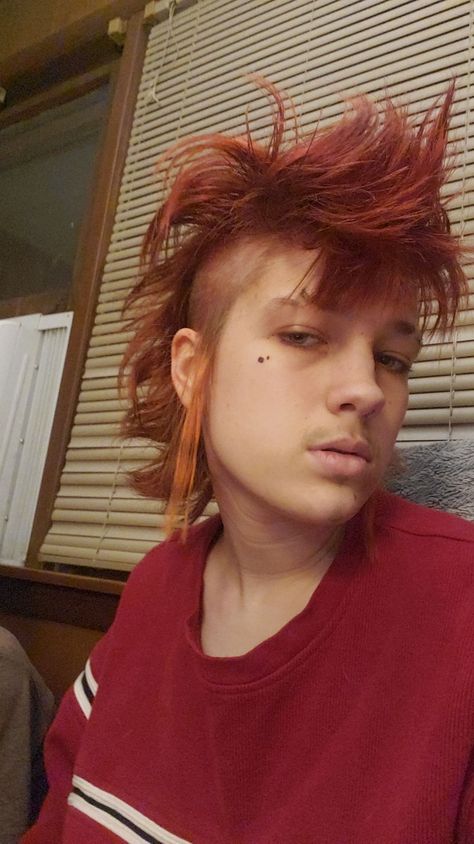 Guy with dyed red hair in a deathhawk Deathhawk Short, Unstyled Deathhawk, Short Deathhawk, Mohawk Ponytail, New Hairstyle, Makeup Tattoos, No Regrets, Shaved Sides, Couple Tattoos