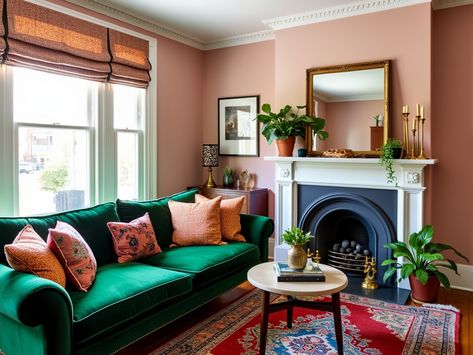 Transform your living space with this stunning eclectic living room! ✨ Featuring a luxurious emerald green velvet sofa paired with colorful patterned throw pillows, this design exudes personality and comfort. The soft blush pink walls create a warm backdrop, while the vintage Persian rug adds a touch of elegance. Enhance the ambiance with a fireplace mantel adorned with brass candlesticks and lush potted plants, complemented by a bold oversized mirror that reflects light beautifully. 🪴 #LivingRoomDecor #HomeInspiration Pink Green Living Room, Emerald Green Velvet Sofa, Blush Pink Walls, Pink And Green Living Room, Pink Living Room Walls, Emerald Green Sofa, Teal Sofa, Emerald Green Velvet, Green Couch