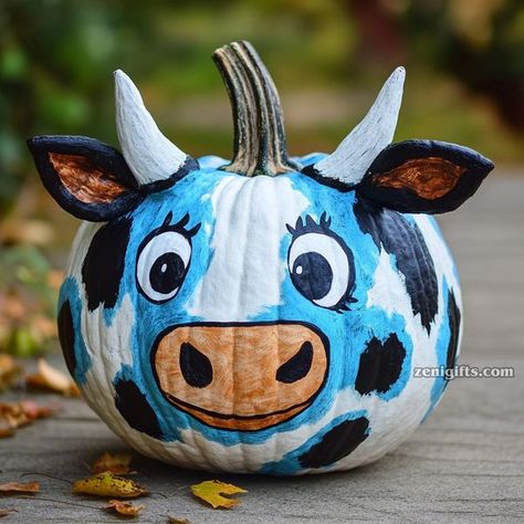 Chicken Pumpkin Painting, Pumpkin Cow, Cow Pumpkin, Highland Cow Painting, Chicken Pumpkin, Jersey Cow, Halloween Pumpkin Designs, Painted Pumpkin, Pumpkin Party