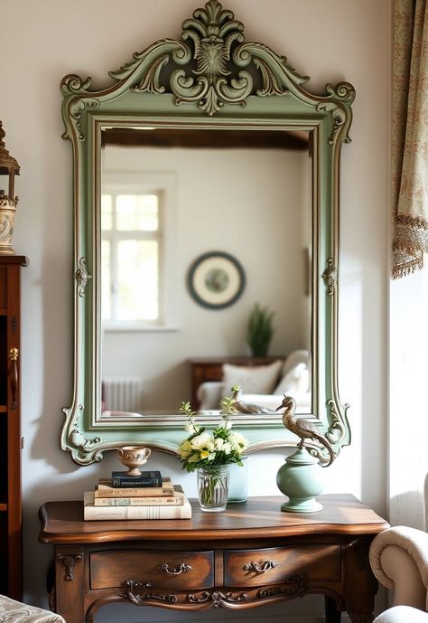 Transform Your Space: 40 Vintage-Inspired Living Room Wall Decor Ideas with Soft Sage Green Accents! - 4. Vintage Mirrors Unique Shelving, Vintage Living Room Decor, Vintage Inspired Wall Decor, Unique Shelves, Vintage Living Room, Inspired Living, Green Accents, Wall Decor Living Room, Sage Green