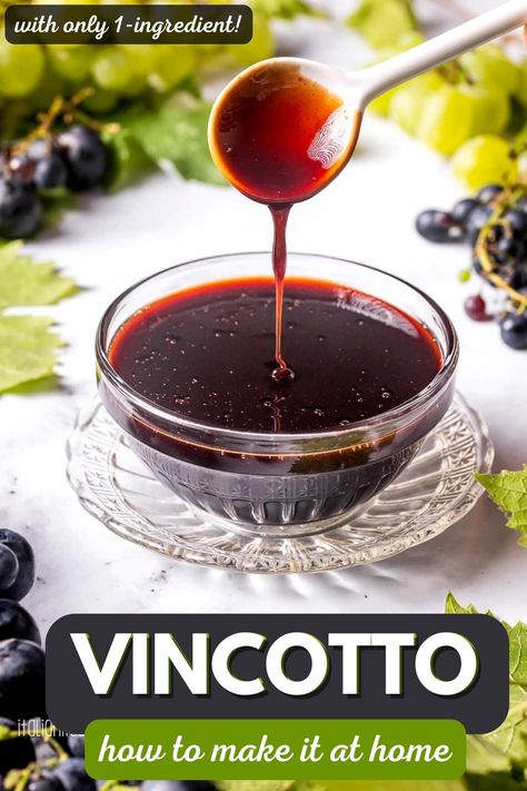 Learn how to make homemade 1-ingredient Vincotto step by step with pictures! It's easier than you can imagine! Vincotto is a traditional Italian sweet, slightly caramelized syrup which has dark amber color and thick consistency. It's excellent to put over cheese, fruit, salads, meat but it's also an essential ingredient for many traditional Italian desserts Chocolate Ricotta Cake, Italian Sesame Seed Cookies, Traditional Italian Desserts, Chocolate Ricotta, Italian Desserts Traditional, Cookie Dough Ingredients, Recipes From Italy, Italian Almond Cookies, Limoncello Recipe