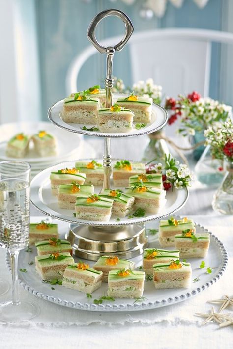 Cocktail Sandwiches, High Tea At Home, High Tea Recipes, Cucumber Ribbons, High Tea Sandwiches, Afternoon Tea Ideas, Cucumber Cocktail, Crab Sandwich, Cucumber Tea Sandwiches