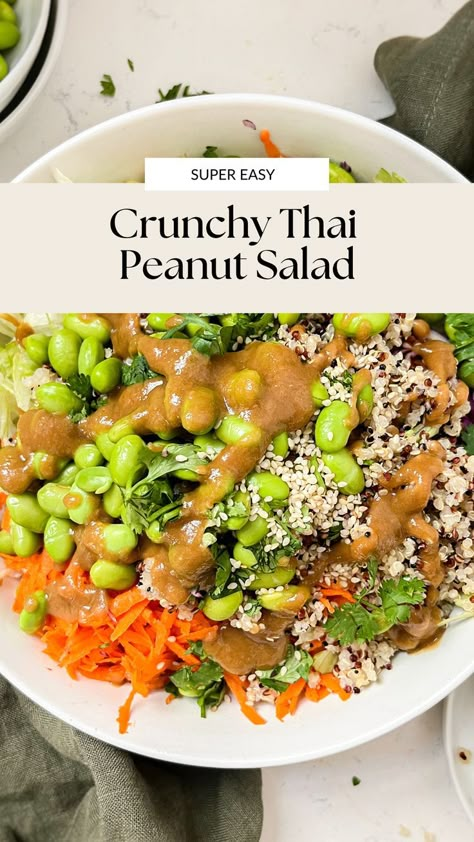 white bowl with edamame and veggies inside Thai Peanut Quinoa Bowl, Protein Packed Thai Pasta Salad, Thai Chopped Salad With Peanut Dressing, Edamame Peanut Crunch Salad, Tofu Peanut Salad, Thai Peanut Salad Dressing Recipes, Cabbage Peanut Salad, Crunchy Peanut Salad, Thai Peanut Quinoa Salad