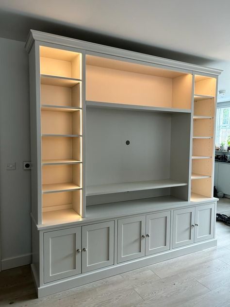 Shaker Media Wall, Living Room Built In Units, Tall Tv, Painted Shelves, Media Storage Unit, Shaker Style Furniture, Built In Shelves Living Room, Living Room Wall Units, Living Room Built Ins