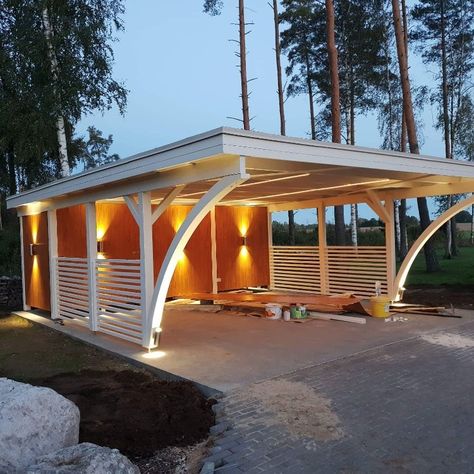 A new house needs a matching carport! We absolutely love the finish and the lighting of this Karl carport 😍! https://palmako.co.uk/collections/carports #Palmako #gardenhouse #logcabin #carport #shed #garage Cedar Carport Ideas, Front Carport Ideas, Wood Carport, Carport Design, Carport Ideas, Diy Carport, Shed Garage, House Needs, Double Carport