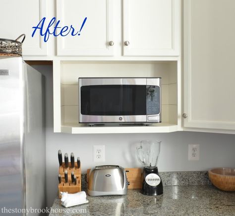 Microwave Shelf Complete!! Microwave Shelves Ideas, Micro Wave Stand Ideas, Under Cabinet Microwave Shelf, Microwave Shelf Ideas Diy Under Cabinet, Microwave Mounted Under Shelf, Microwave On Counter, Building A Microwave Shelf, Countertop Microwave Ideas, Microwave Shelf Ideas