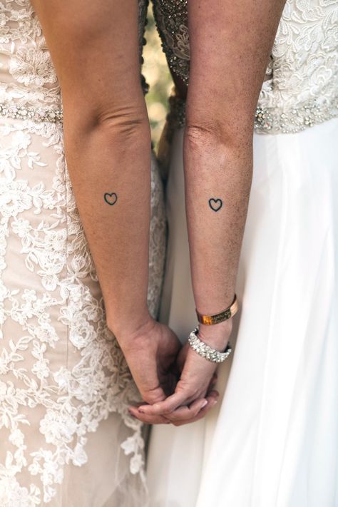 Pride Wedding Ideas, Dapper Bride, Lesbian Wedding Photography, Relationship Tattoos, Two Brides, Romantic Wedding Photos, Matching Tattoo, Lgbtq Wedding, Applique Wedding