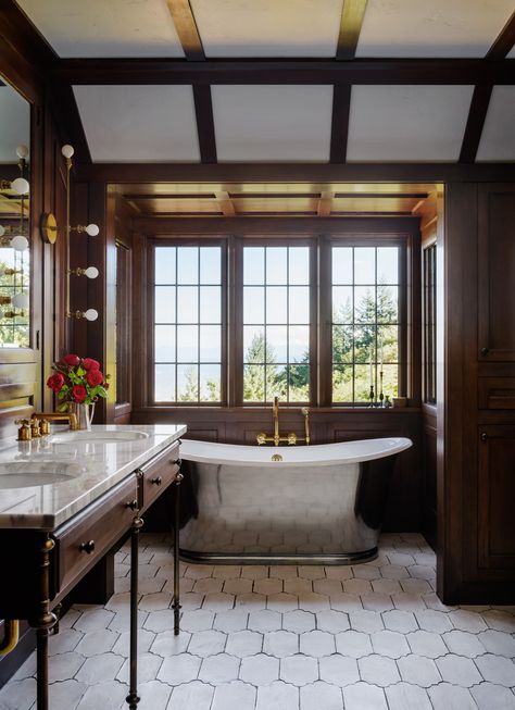 Go Inside a Historic Portland Tudor That’s Surprisingly Modern Photos | Architectural Digest English Tudor Bathroom Ideas, Tudor House Interior Modern, Modern Storybook House Interior, Tudor Cottage Interior Kitchen, Modern English Tudor Kitchen, English Tudor Bedroom, Classic Tudor Interior, Renovated Tudor Homes, Tudor Interior Paint Colors