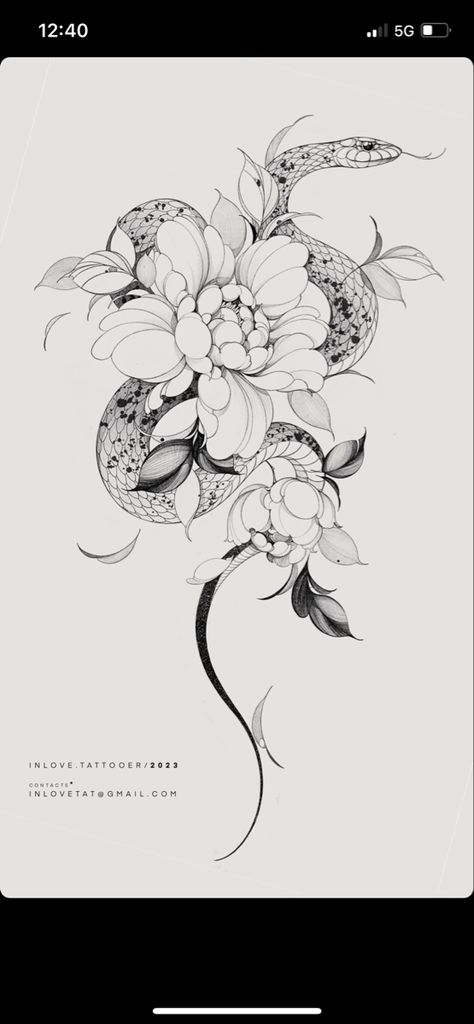 Snake A Flower Tattoo, Serpent Flower Tattoo, Snake Orchid Tattoo, Peonies And Snake Tattoo, Snake N Flower Tattoo, Snake Flowers Tattoo Design, Snakes And Flowers Tattoo, Snake Mandala Tattoo, Snake Flower Tattoo Design