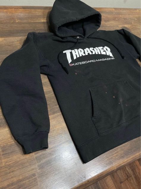 Black Thrasher Magazine Hoodie. Size is unisex Small. Used , with bleach spots on it. Would make a great tie-dye project. Fast shipping #thefoundshops #lexyscool #thrasher #hoodie Thrasher Sweatshirt, Huf Hoodie, Thrasher Flame, Thrasher Skate, Thrasher Hoodie, Hogwarts Outfits, Thrasher Magazine, Hooded Jumper, Y2k Hoodie