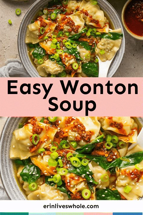 Learn how to make this quick and easy wonton soup. Its ingredients are humble yet powerful, including fresh aromatics, bright vegetables, and rich sesame oil. I know you’re going to love it. Weight Watchers Wonton Soup, Easy Wonton Soup, Erin Lives Whole, Simple Soups, Wonton Soup Recipe, Wonton Noodle Soup, Wonton Noodles, Clean Eating Chicken, Homemade Soup Recipe