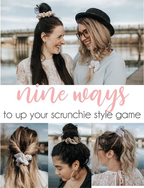 How To Wear Scrunchies, How To Style Scrunchies, Hair Styles With Scrunchies, Oversized Scrunchie Hairstyles, Cute Scrunchie Hairstyles, Scrunchy Hairstyles, Knitted Scrunchies, Mum Hair, Scrunchie Updo