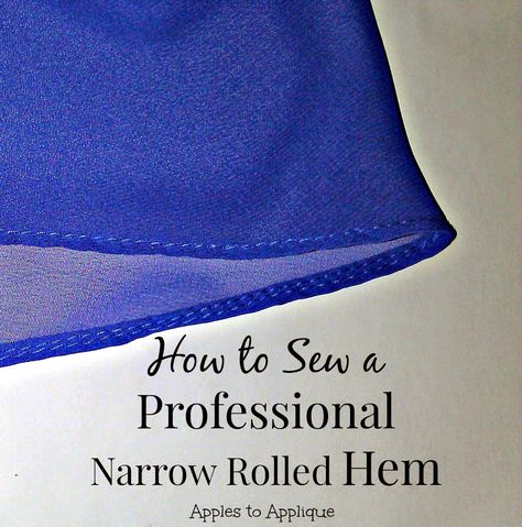 The professional trick to sewing narrow rolled hems on curved edges and difficult fabrics like chiffon (no special presser foot required!) | Apples to Applique #sewing #hem Sewing Hems, Beginner Sewing Projects Easy, Leftover Fabric, Sewing Projects For Beginners, Sewing Skills, Love Sewing, Rolled Hem, Sewing For Beginners, Sewing Tips