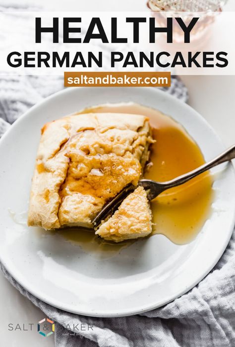 These healthy German pancakes feature 21 grams of protein per serving! without any protein powder!This is a really yummy and healthy breakfast that will get your day started on the right foot. Protein German Pancakes, Low Cal High Protein Pancakes, German Pancakes Recipe, Protein Powder Pancakes, Pregnancy Eating, Buttermilk Pancake Mix, High Protein Pancakes, German Pancakes, High Protein Desserts