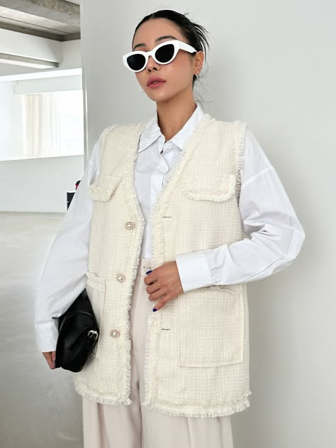 Beige Casual Collar Sleeveless Tweed Plain Vest Embellished Non-Stretch  Women Clothing Tweed Gilet Outfit Women, Tweed Vest Outfit, Tweed Vest Outfit Women, Gilet Outfit Women, White Vest Outfit, Vest Outfit Women, Vest Street Style, Casual Office Style, Gilet Outfit