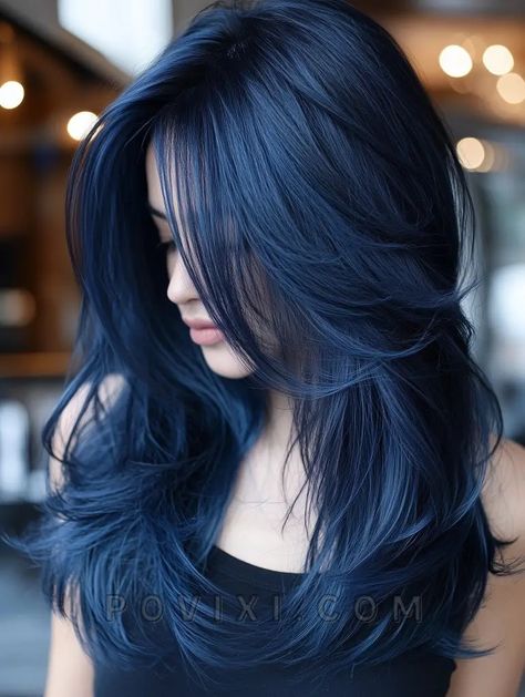 Denim Blue Hair, Midnight Blue Hair, Blue Hair Aesthetic, Royal Blue Hair, Blue Black Hair Color, Blue Hair Highlights, Navy Blue Hair, Colors For Brunettes, Blue Ombre Hair