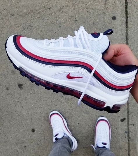 The Nike Air Max 97 shook up the running world with its revolutionary full-length Nike Air unit. | #1stInHealth #NIKE #AirMax97 #ad #MensRunningShoe #MensFashion #MensStreetStyle #MensAirMax97 Loafers Outfit, Kicks Shoes, Nike Air Shoes, Fresh Shoes, Cute Sneakers, Hype Shoes, Gym Shoes, Blue Sneakers, Nike Air Max 97