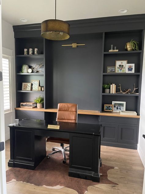 Office For A Man, Gentlemen’s Office, Masculin Home Office, Small Manager Room Office Design, Rh Office Ideas, Black Office Cabinets Built Ins, Desk Middle Of Room Office, Man's Home Office, Mens Office Ideas