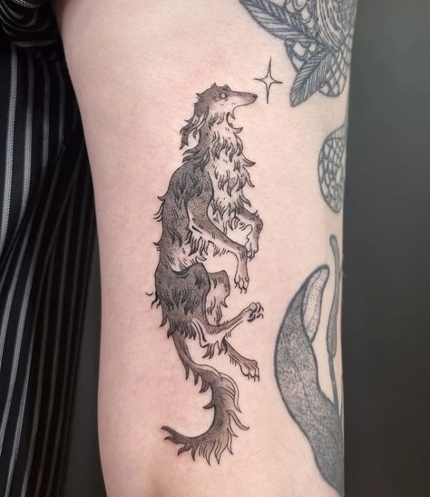 Jaimie 유경 | Custom borzoi friend on the back of the thigh for Rae! My favourite dog breed to look at heehee 😊 Thanks for… | Instagram Canada Tattoo, Korean Tattoo Artist, Funky Tattoos, Fantasy Tattoos, Elbow Tattoos, Line Work Tattoo, Funny Tattoos, Thanks For Coming, Blackwork Tattoo