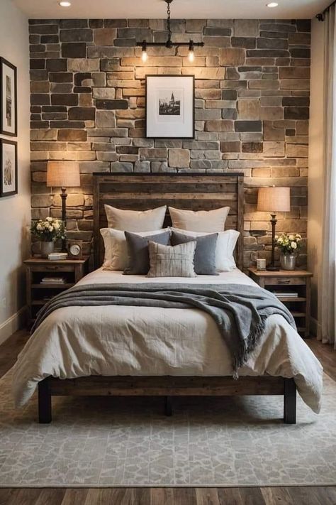 Wooden Bed Design Rustic, Hunters Bedroom Ideas, Modern Rustic Bedroom Design, Stone Wall In Bedroom, Rustic Small Bedroom Ideas, Stone Accent Wall Bedroom, Rustic Master Bedrooms Farmhouse, Bedroom With Stone Wall, Rustic House Bedroom