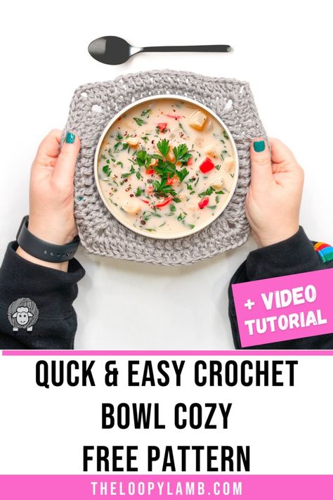 Discover the perfect crochet project for beginners! 🧶✨ Get our FREE pattern and step-by-step video tutorial to create a quick & easy crochet bowl cozy. Ideal for gifts, craft markets, and protecting hands from hot dishes. Includes tips to resize for any bowl! Start crafting today. 🎁💡 #CrochetPattern #BowlCozy #FreeCrochet #DIYGifts Crochet Bowl Cozy Free Pattern, Crochet Bowl Cozy Pattern, Crochet Bowl Cozy, Bowl Cozy Pattern, Quick Easy Crochet, Start Crocheting, Quick Crochet Projects, Crochet Bowl, Cozy Pattern