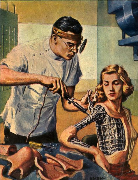 Ed Emshwiller (Emsh)'s cover art for the September 1954 issue of Galaxy Science Fiction, entitled "Robots Repaired While U Wait." Pop Art Vintage, Atomic Age, Pulp Art, Science Fiction Art, Ex Machina, Retro Futuristic, Retro Futurism, Dieselpunk, Pulp Fiction