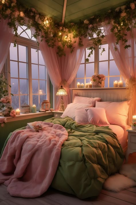 A compact cottage bedroom with a luminous soft pink and olive color scheme, featuring shabby chic furniture, a trundle bed with a plush blanket, floral art, and vintage lanterns, creating a cozy and romantic atmosphere. Pink And Sage Aesthetic, Sage And Pink Bedroom, Sage Green And Pink Bedroom, Fairy Bedroom, Fairy Room, Romantic Bedroom Decor, Feminine Bedroom, Dream Bedroom Inspiration, Pink Bedrooms