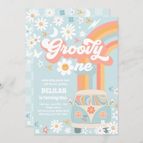 One Birthday Invitations, Peace Love Party, Groovy One Birthday, Rainbow Party Invitations, 19 Birthday, Groovy One, First Birthday Favors, Rainbow Peace, First Birthday Games