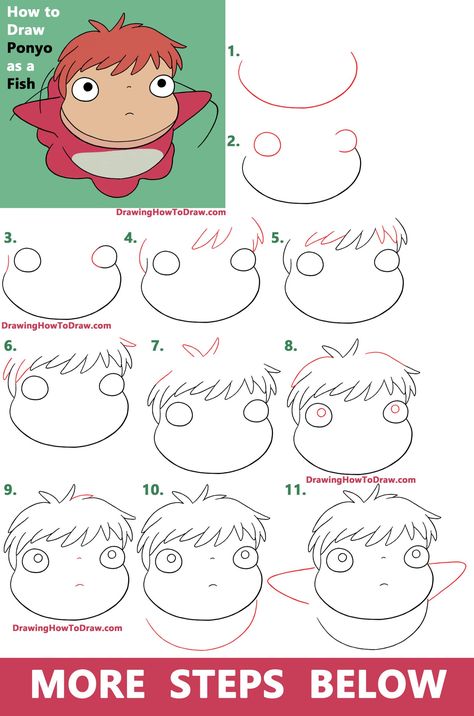 Ponyo Simple Drawing, How To Draw Ponyo Studio Ghibli, Studio Ghibli Characters Drawing, Drawing Ideas Studio Ghibli, How To Draw Ghibli Characters, Ponyo Drawings Studio Ghibli, Ghibli Painting Tutorial, Studio Ghibli Doodle Art, Ponyo Ghibli Drawing