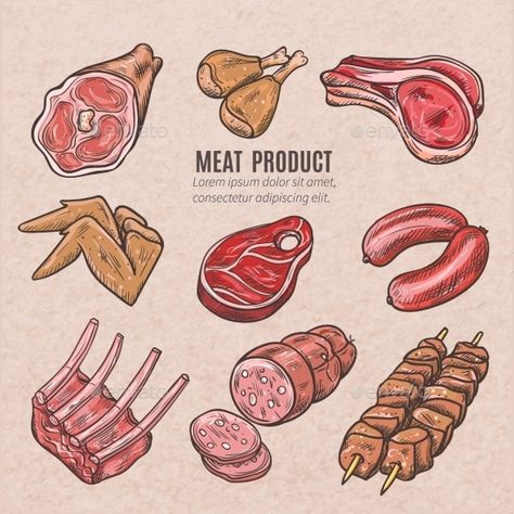 Meat Products Color Sketches Meat Drawing, Kombi Food Truck, Marbled Meat, Meat Art, Meat Products, Recipe Drawing, Ayam Bakar, Meat Steak, Pork Meat