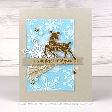 Painted Orange Deer Cards, Deer Stamp, Snowflake Images, Deer Painting, Stampin Up Christmas Cards, Stampin Up Christmas, Blue Snowflakes, Punch Cards, Glue Dots