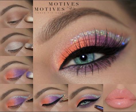 Recreate this sparkly and colorful spring makeup tutorial by MUA Janine. "Blossom" uses all Motives products perfect for the season. Spring Eye Makeup, Spring Makeup Tutorial, Make Up Designs, Best Makeup Tutorials, Eye Makeup Steps, Beauty Make-up, Makijaż Smokey Eye, Colorful Eye Makeup, Creative Eye Makeup