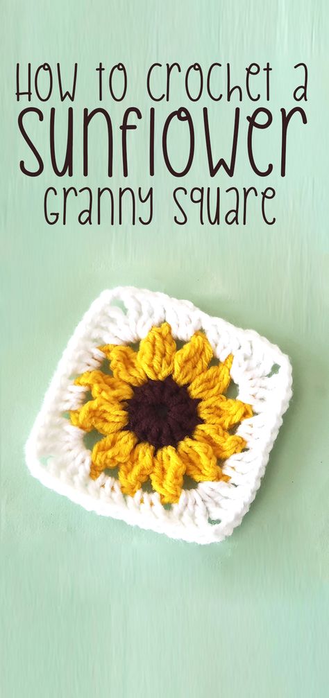 Sunflower Granny Square (free crochet pattern) Sunflower Crochet Pattern Blanket, Grannies Square Pattern, Granny Square Sunflower Crochet Pattern, Sunflower Granny Square Pattern Diagram, Easy Sunflower Granny Square Crochet, Sunflower Crochet Granny Square Tutorial, Simple Crochet Sunflower, Sunflower Blanket Crochet Pattern Free, Free Crochet Sunflower Granny Square Pattern