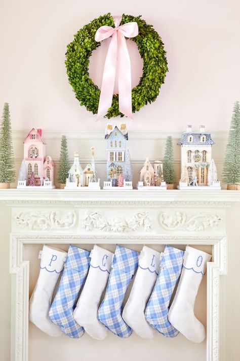 Grandmillenial Christmas Stocking, Southern Preppy Christmas Decor, Preppy Christmas Stocking, Caitlin Wilson Christmas, Coastal Granddaughter Christmas, Blue Gingham Christmas Tree, Grandmillenial Style Christmas, Grand Millennial Christmas Decor, Pink And Blue Christmas Decorations