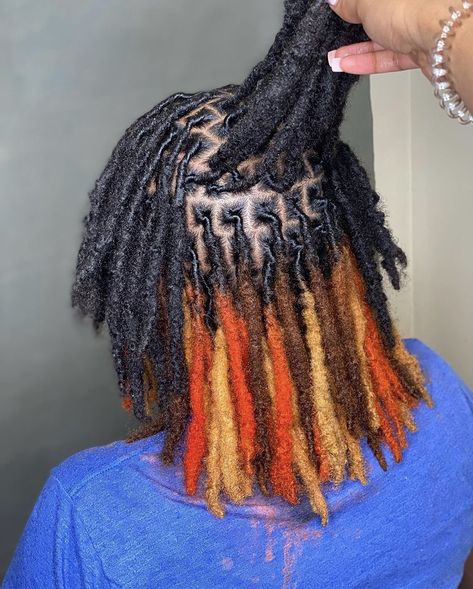 Locs With Patch Of Color, Female Locs Black Women Color, Multi Colored Dreads, Colored Loc Tips Black Women, Skunk Stripe Dread Locs, Dyed Tips Locs, Dyed Loc Tips, Loc Highlights, Locs Dyed