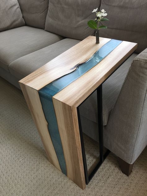 Waterfall Epoxy Table, Easy Wood Furniture Diy, Epoxy And Wood Projects, Wood And Epoxy Projects, Epoxy Nightstand, Wood And Resin Table, Epoxy Side Table, Epoxy Decor, Diy Projects Wood